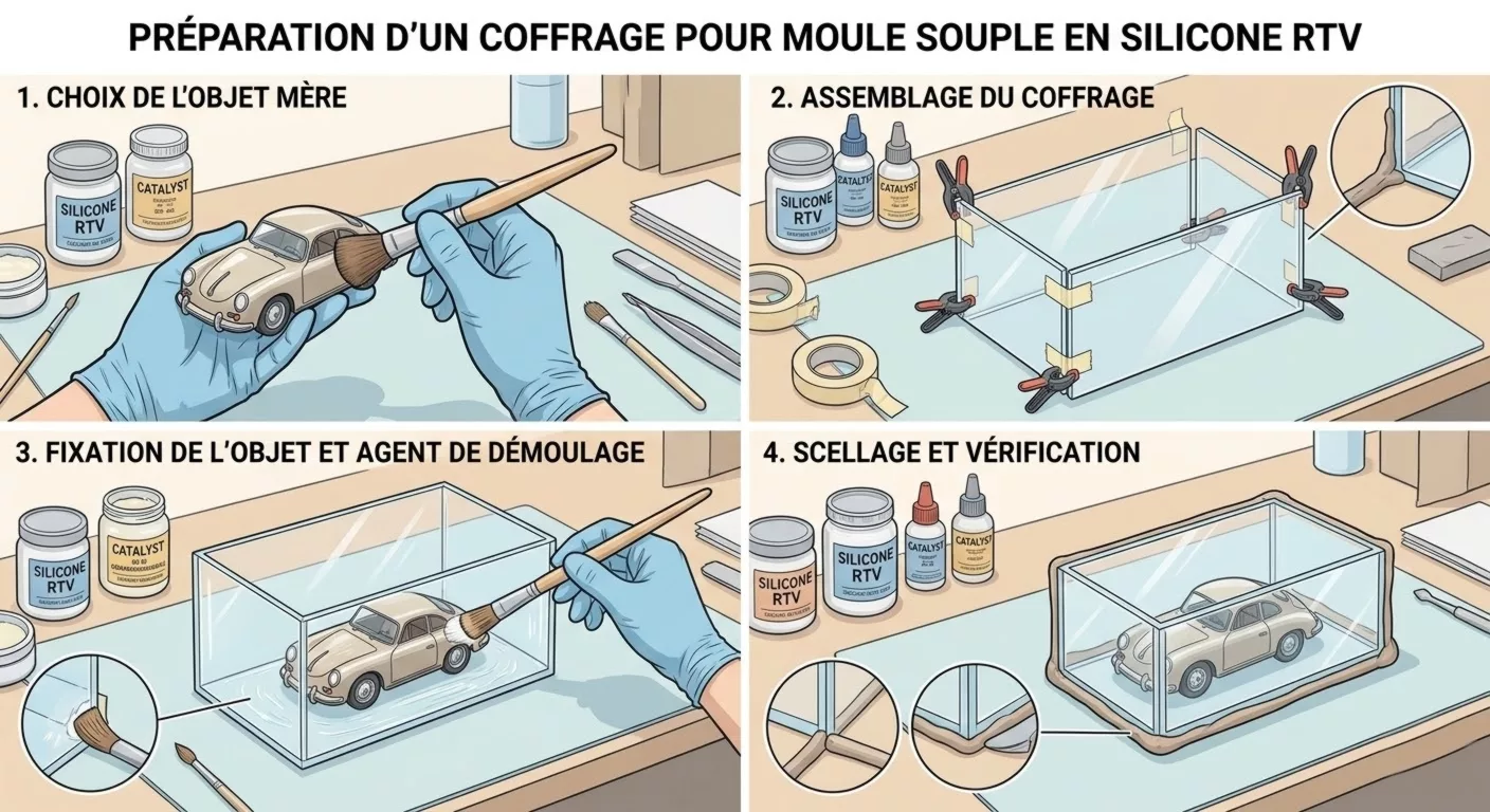 Préparation d'un coffrage pour moule souple en silicone RTV