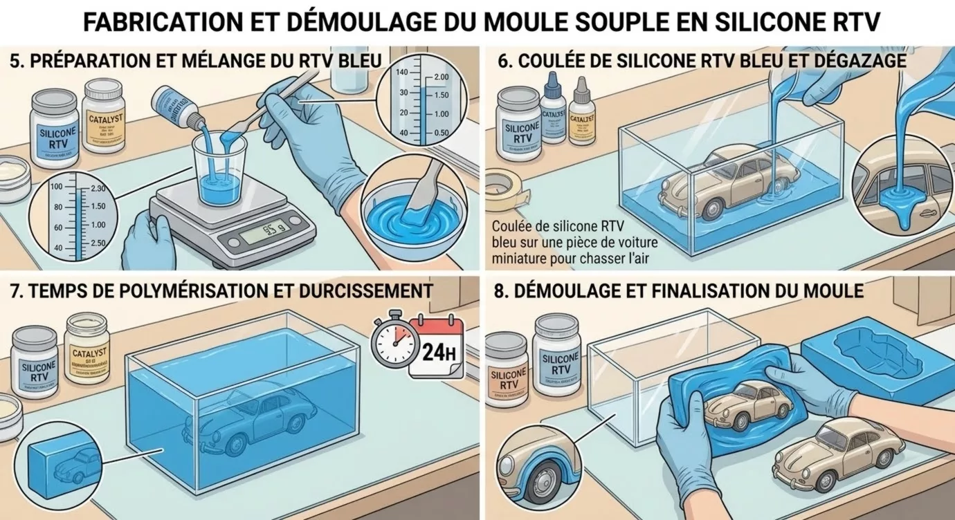 Coulée de silicone RTV bleu sur une pièce de voiture miniature pour chasser l'air