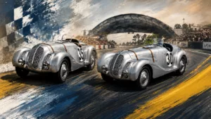Illustration vintage de voitures de course d’avant-guerre sur un circuit inspiré du Mans