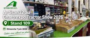 Bannière Artisan32 au Chartrexpo Tractor Show 2026 avec rendez-vous au stand 109 et Cédric présent sur place