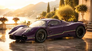 Pagani Utopia Coupé Viola Hong Kong BBR au 1/18 dans un décor lumineux d’inspiration italienne