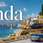Agenda miniatures 2026 juillet août avec voitures miniatures, train miniature et décor estival